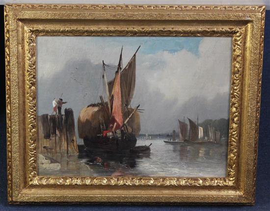 Circle of William Calcott Knell (1830-1880) Hay barge beside a wharf, 12 x 16in.